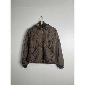 Vintage Eddie Bauer Goose Down Jacket Womens Medium Brown Quilted Bomber Hooded